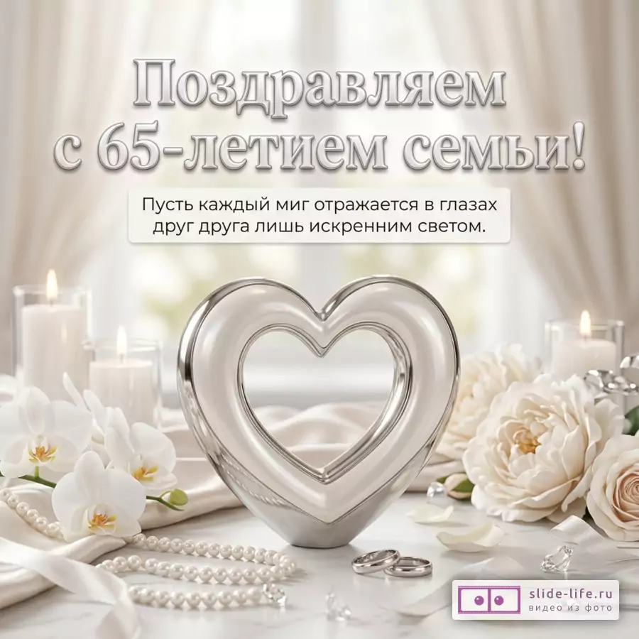 Светлый бежево-белый фон, серебристое сердце, белые цветы, свечи, жемчуг, кольца, ленты, текст «Поздравляем с 65-летием семьи! Пусть каждый миг отражается в глазах друг друга лишь искренним светом.»