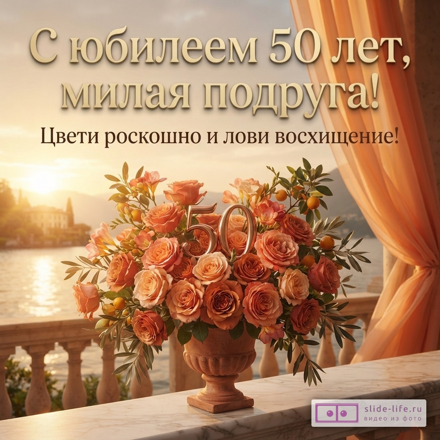 Открытка с золотыми буквами на фоне заката над озером. На переднем плане букет оранжевых роз в вазе, цифры 50. «С юбилеем 50 лет, милая подруга! Цвети роскошно и лови восхищение!»