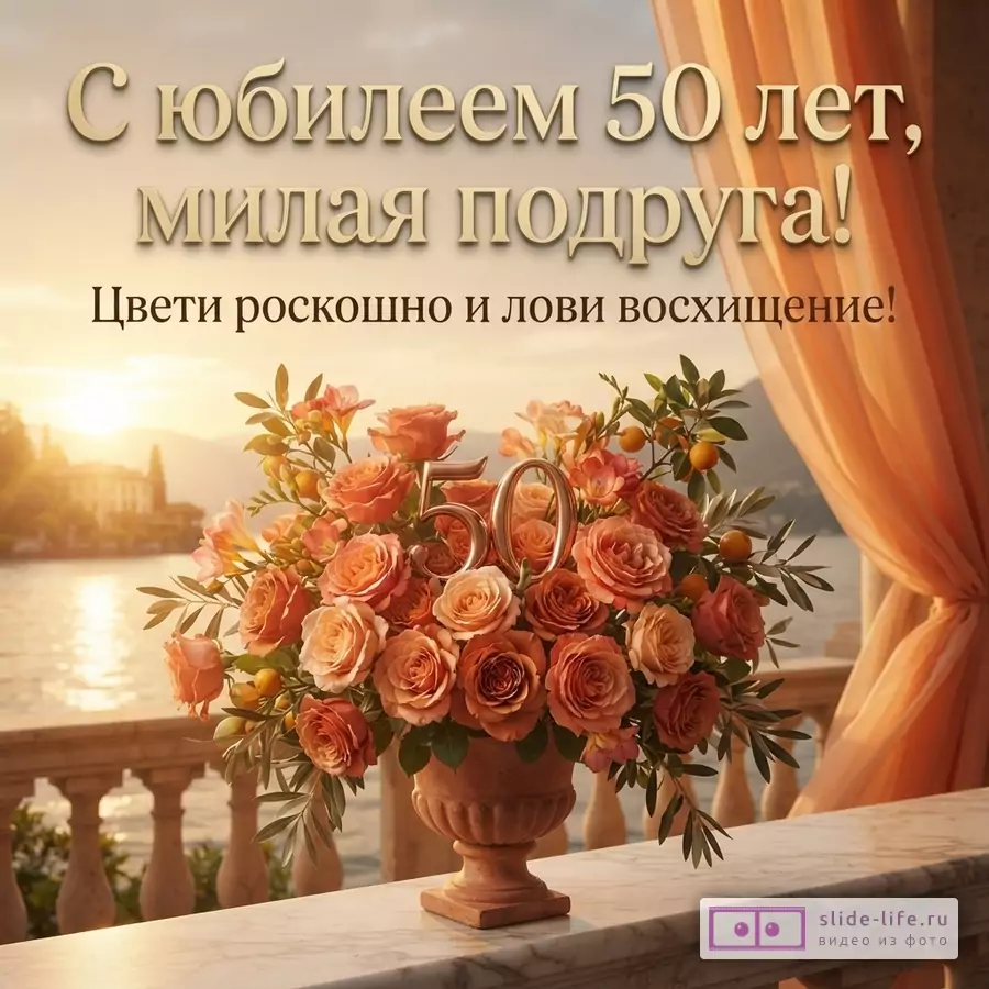 Открытка с золотыми буквами на фоне заката над озером. На переднем плане букет оранжевых роз в вазе, цифры 50. «С юбилеем 50 лет, милая подруга! Цвети роскошно и лови восхищение!»