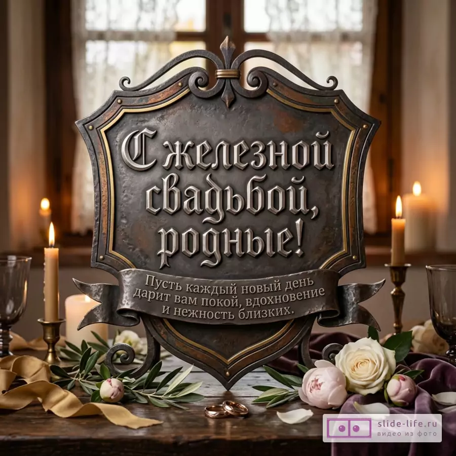 Металлическая табличка с текстом «С железной свадьбой, родные! Пусть каждый новый день дарит вам покой, вдохновение и нежность близких.», свечи, белые и розовые цветы, кольца, коричневый фон