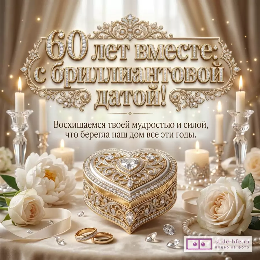 Открытка в бежево-золотых тонах с декоративной надписью «60 лет вместе: С бриллиантовой датой! Восхищаемся твоей мудростью и силой, что берегла наш дом все эти годы.», свечами, розами, кольцами и шкатулкой в форме сердца