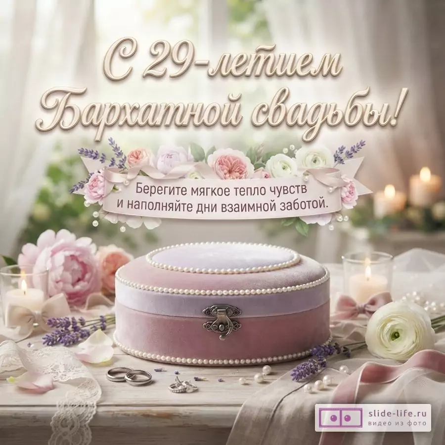 Фон светлый, размытый. В центре розовая бархатная шкатулка с жемчугом. Слева и справа свечи, цветы, кольца. Над шкатулкой лента с цветами. Текст на ленте: «Берегите мягкое тепло чувств и наполняйте дни взаимной заботой». Над лентой текст: «С 29-летием Бархатной свадьбы!»
