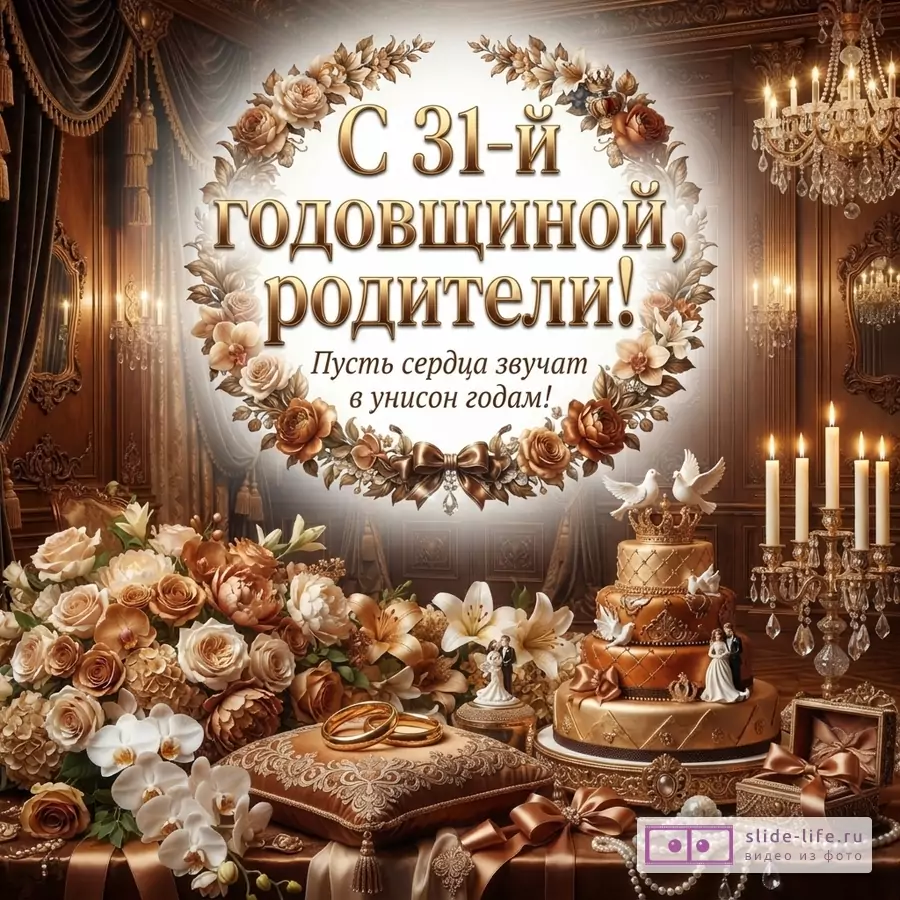 Открытка в коричнево-золотых тонах с цветочным венком, свечами, тортом, кольцами и текстом «С 31-й годовщиной, родители! Пусть сердца звучат в унисон годам!»