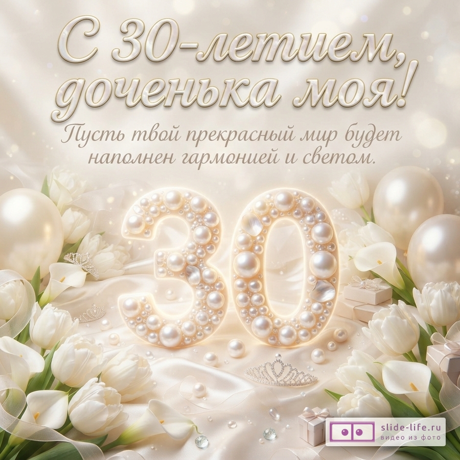 Объемная цифра 30 из жемчуга в окружении белых тюльпанов и подарков с текстом поздравления: «С 30-летием, родная доченька! Пусть твой прекрасный мир будет наполнен гармонией и светом».