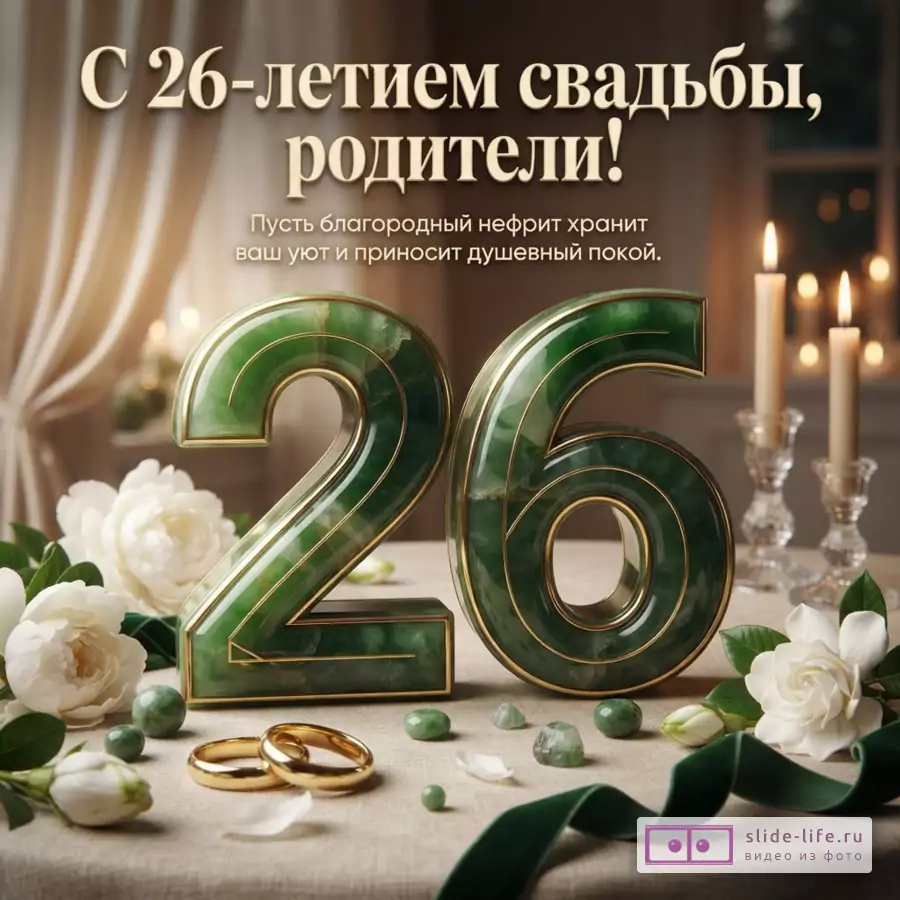 Объемная нефритовая цифра 26 с золотом, обручальные кольца, белые цветы и свечи на столе. Текст: «С 26-летием свадьбы, родители! Пусть благородный нефрит хранит ваш уют и приносит душевный покой.»