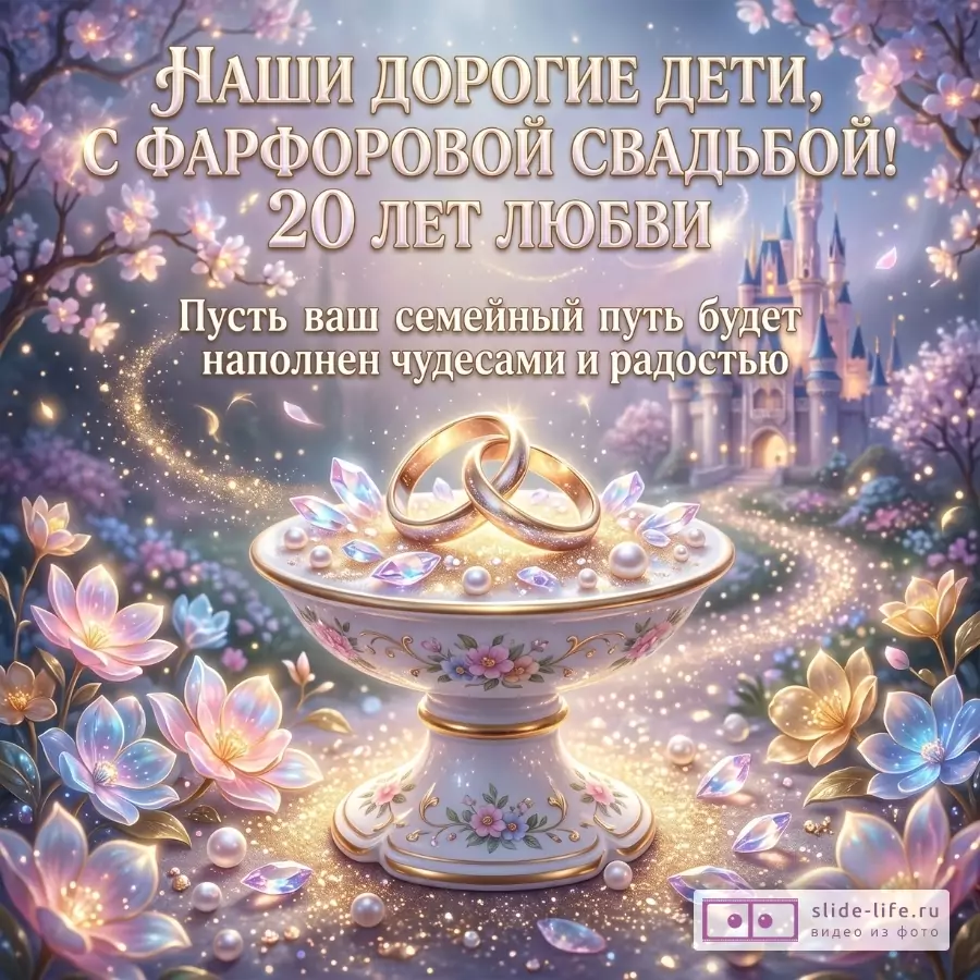 Сиренево-розовый сказочный фон, цветы, замок, фарфоровая чаша с цветочным узором, обручальные кольца, жемчуг и кристаллы. Текст: «Наши дорогие дети, с фарфоровой свадьбой! 20 лет любви»