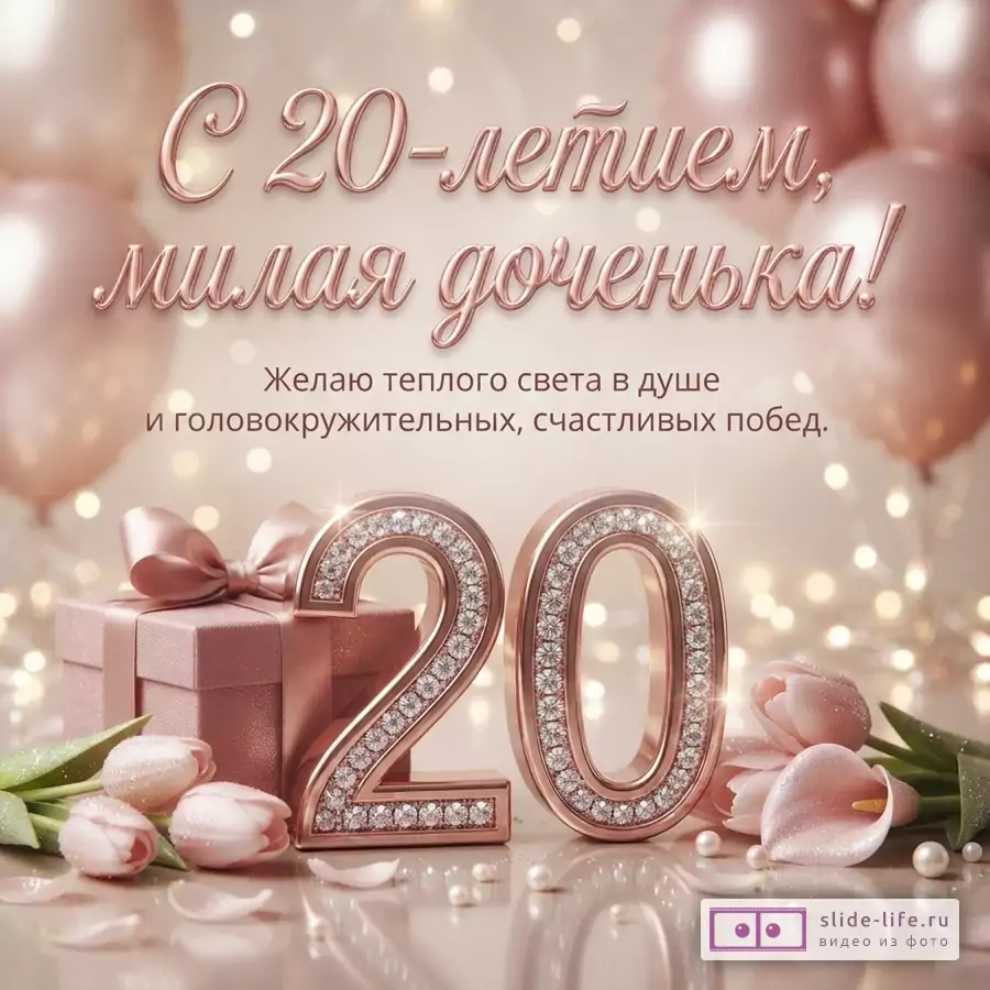 Объемная сверкающая цифра 20, подарочная коробка с бантом, тюльпаны, шары и текст «С 20-летием, милая доченька! Желаю теплого света в душе и головокружительных, счастливых побед.» в розовых тонах.