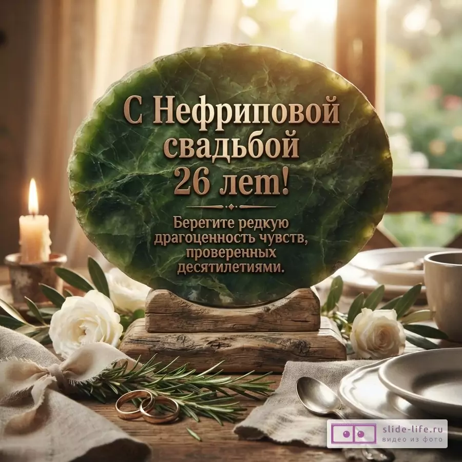 Зеленая каменная табличка на деревянной подставке, свеча, белые розы, столовая посуда. Текст: «С Нефрировой свадьбой 26 лет! Берегите редкую драгоценность чувств, проверенных десятилетиями.»