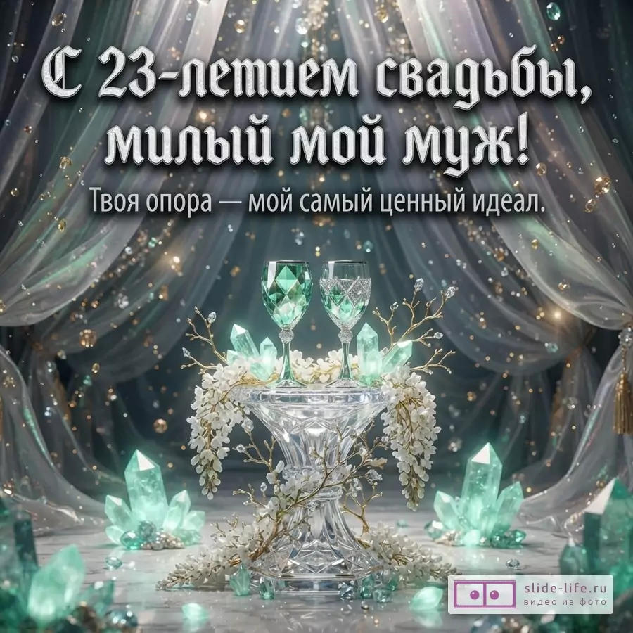 Зеленые хрустальные бокалы на подставке среди белых цветов и кристаллов берилла, надпись «С 23-летием свадьбы, милый мой муж! Твоя опора — мой самый ценный идеал.»