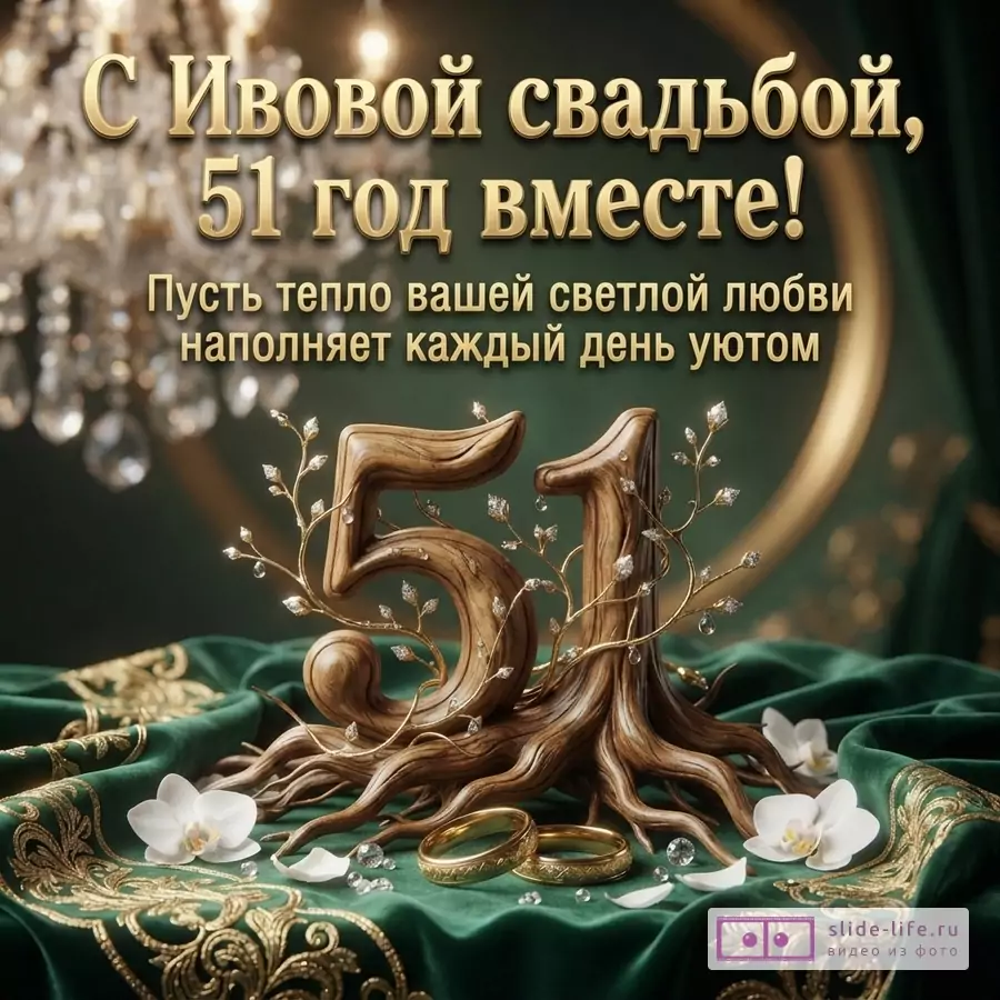 Зеленый фон, золотой текст «С Ивовой свадьбой, 51 год вместе! Пусть тепло вашей светлой любви наполняет каждый день уютом», декоративная композиция с цифрой 51, кольцами и белыми цветами
