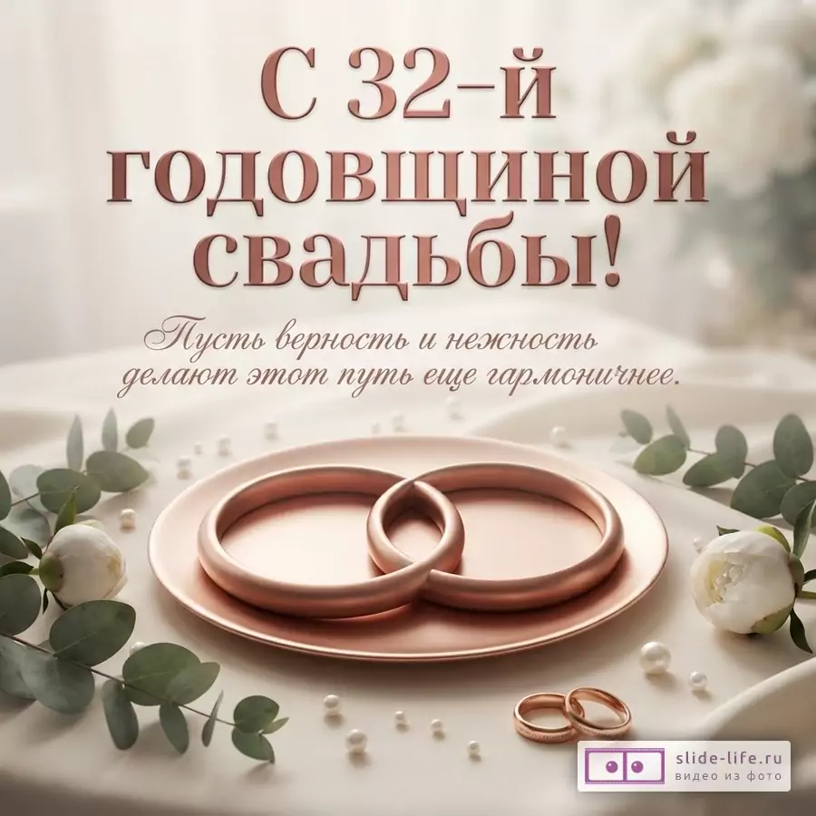 Бежевый фон, сверху текст, снизу медные кольца на тарелке, цветы, жемчуг. Текст: «С 32-й ГОДОВЩИНОЙ свадьбы! Пусть верность и нежность делают этот путь еще гармоничнее.»