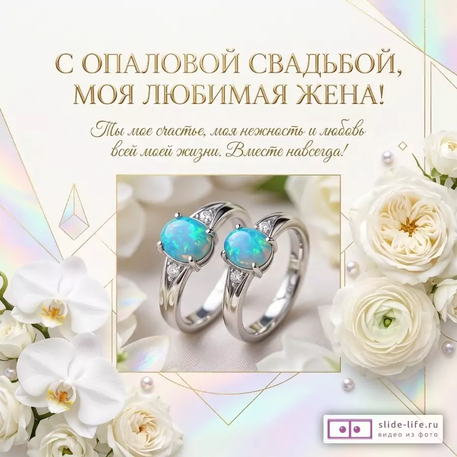 Светлый опаловый фон с золотыми линиями и белыми цветами, в центре пара колец с голубыми опалами. Текст «С ОПАЛОВОЙ СВАДЬБОЙ, МОЯ ЛЮБИМАЯ ЖЕНА!»