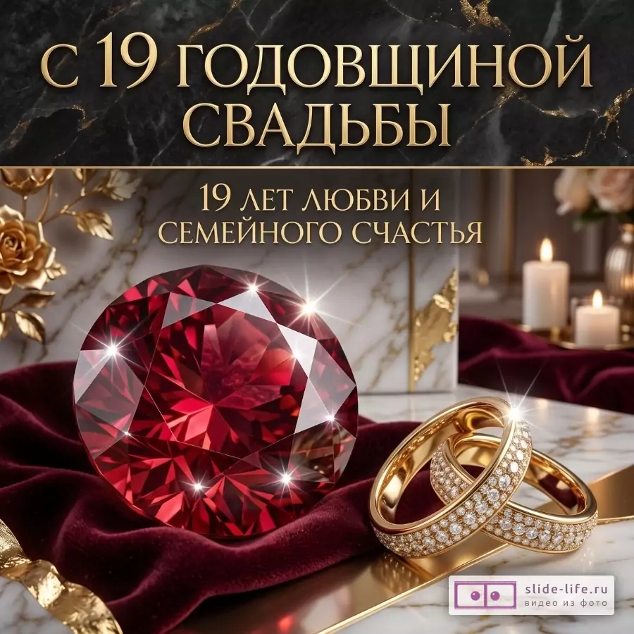 Праздничная открытка в черно-золотых и бордовых тонах: «С 19 годовщиной свадьбы», «19 лет любви и семейного счастья», красный драгоценный камень, золотые кольца, свечи, мраморный фон.