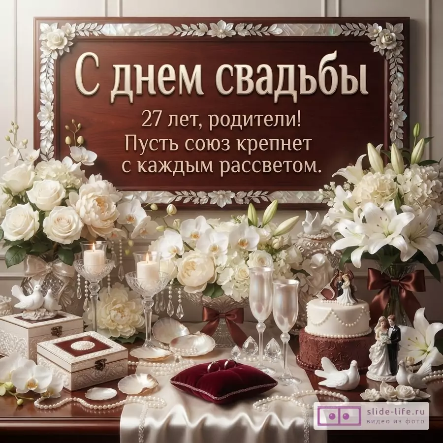 Коричневая рамка с белым узором, на ней текст «С днем свадьбы 27 лет, родители! Пусть союз крепнет с каждым рассветом.». Стол с белыми цветами, свечами, шкатулками, жемчугом, бокалами, подушечкой с кольцами и свадебным тортом с фигурками.