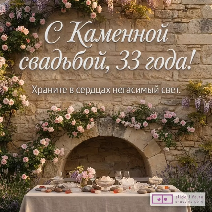Каменная стена, увитая розовыми розами и глицинией, на фоне которой расположен текст «С Каменной свадьбой, 33 года! Храните в сердцах негасимый свет.».