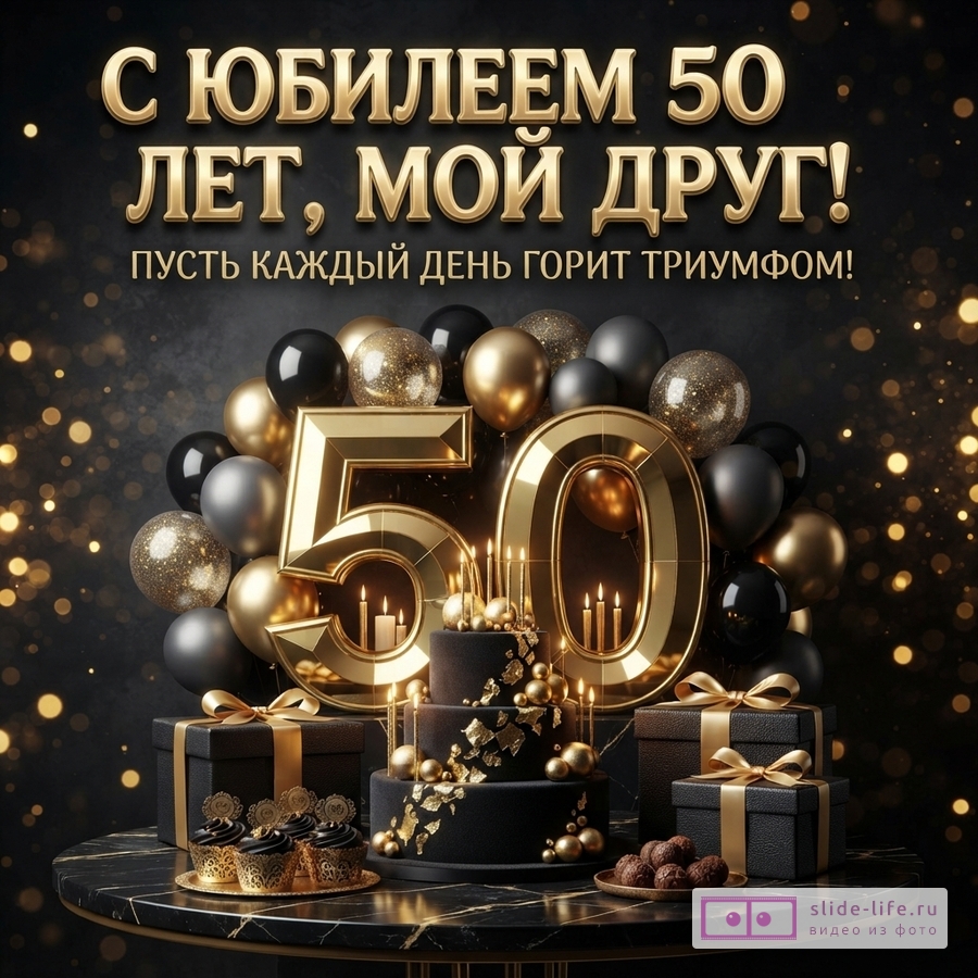 Открытка с черным фоном, золотыми буквами и цифрами 50. Декор: черные и золотые шары, черный торт с золотым декором, черные подарочные коробки с золотыми лентами, кексы. Текст: «С юбилеем 50 лет, мой друг! Пусть каждый день горит триумфом!»