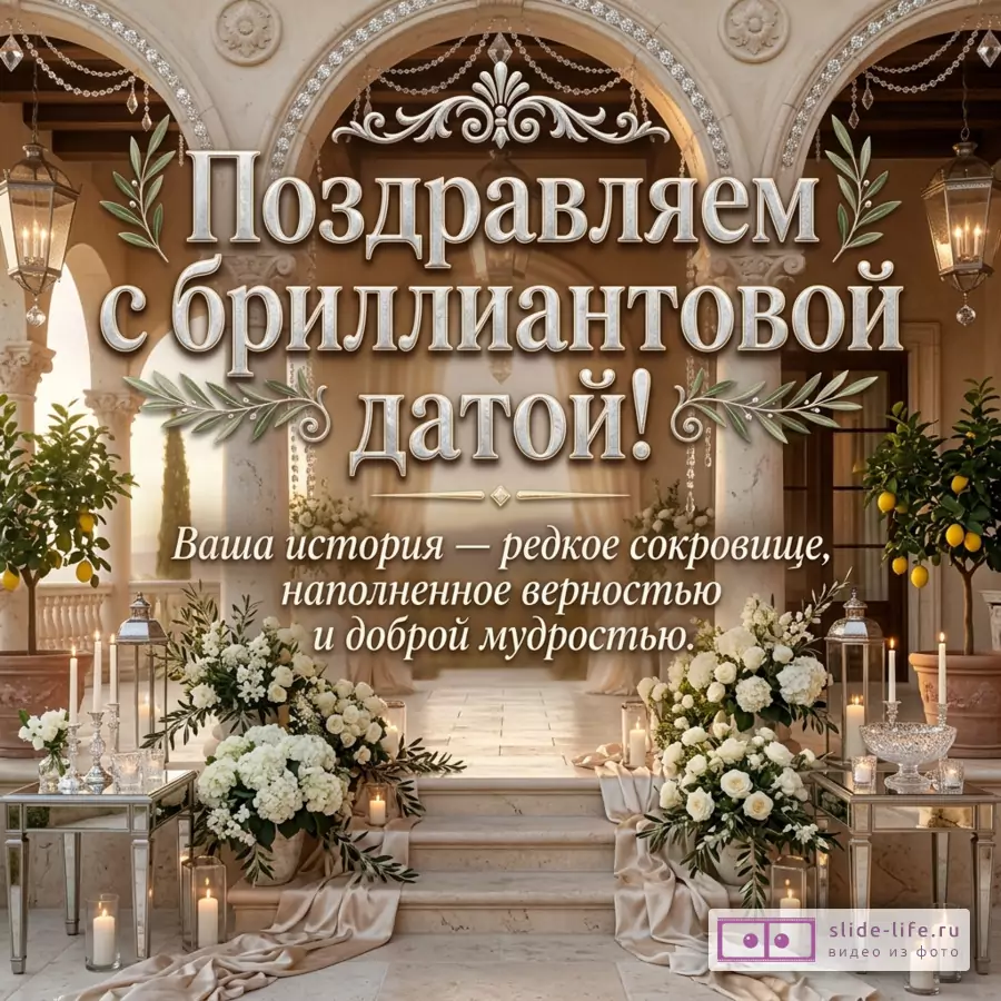Арки и колонны в бежево-золотом интерьере, белые цветочные композиции, свечи, фонари, лимонные деревья, декоративная зелень, текст «Поздравляем с бриллиантовой датой! Ваша история — редкое сокровище, наполненное верностью и доброй мудростью.»