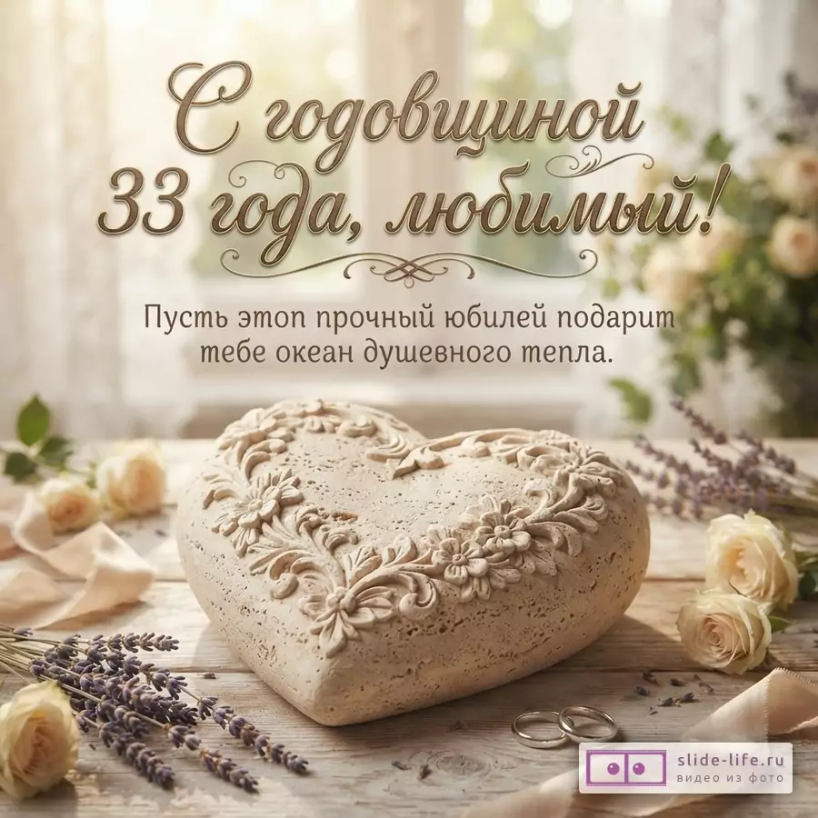 Открытка с бежевым фоном, на переднем плане каменное сердце, лаванда, розы и обручальные кольца. Текст «С годовщиной 33 года, любимый! Пусть этот прочный юбилей подарит тебе океан душевного тепла.»