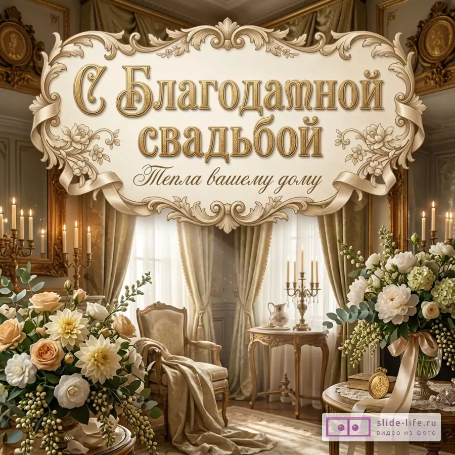 Винтажная открытка в бежево-золотых тонах с декоративной рамкой, цветами, свечами, шторами и текстом «С Благодатной свадьбой Тепла вашему дому»
