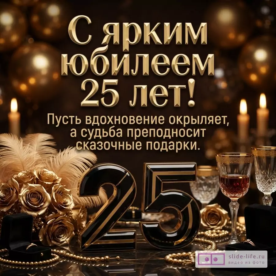 Темный золотой фон, свечи, бокалы, розы, украшения и крупная цифра 25, текст «С ярким юбилеем 25 лет! Пусть вдохновение окрыляет, а судьба преподносит сказочные подарки.»
