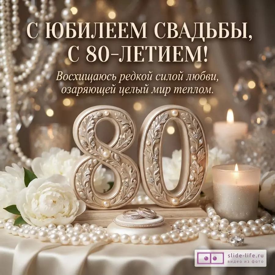 Коричневый фон с боке, жемчугом, белыми цветами, кольцами, свечами и декоративными цифрами 80. Текст: «С юбилеем свадьбы, с 80-летием! Восхищаюсь редкой силой любви, озаряющей целый мир теплом.»