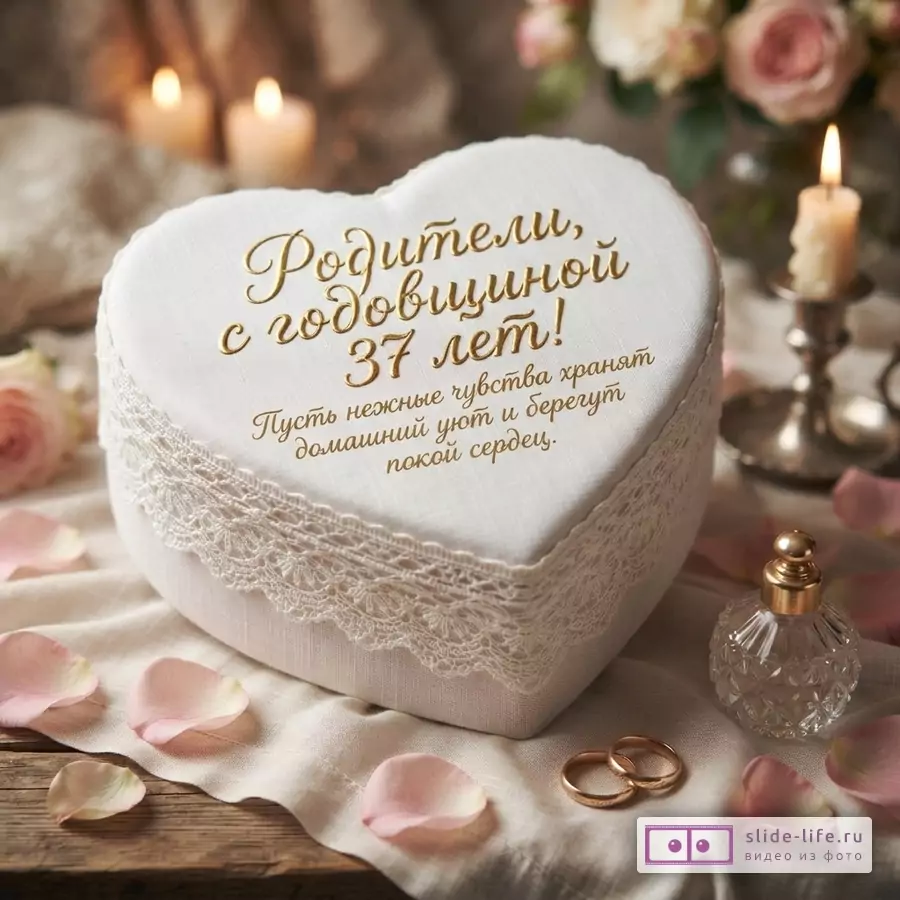 Белая подушечка в форме сердца с золотым текстом «Родители, с годовщиной 37 лет! Пусть нежные чувства хранят домашний уют и берегут покой сердец.». Подушечка украшена кружевом. Вокруг розовые лепестки, два золотых кольца, флакон духов, свечи на заднем плане.
