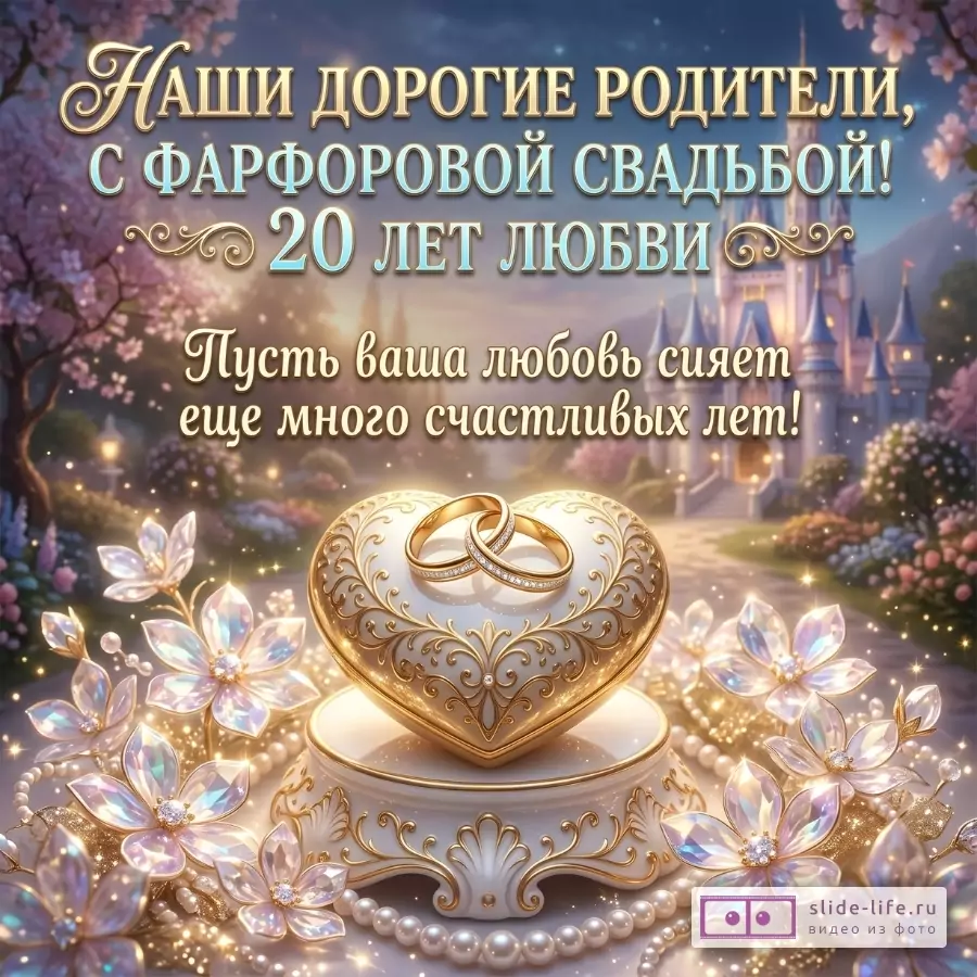 Голубой и сиренево-розовый фон, цветущий сад и замок, бело-золотое сердце с кольцами, кристальные цветы и жемчуг, текст «Наши дорогие родители, с фарфоровой свадьбой! 20 лет любви»