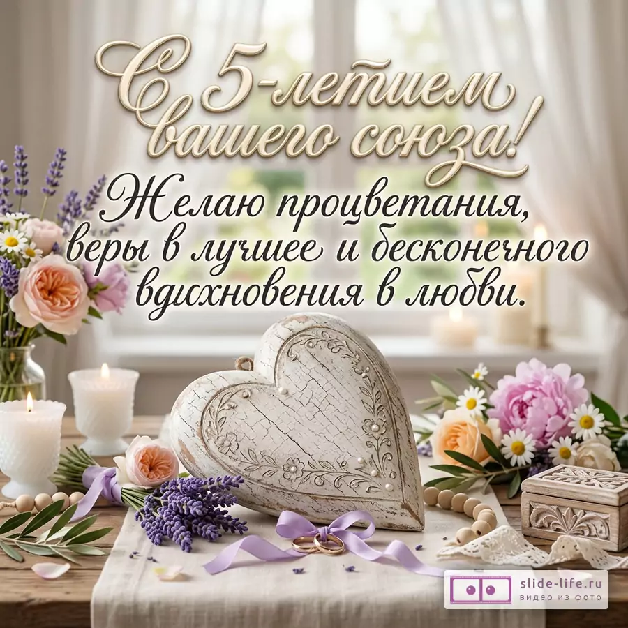 Открытка с текстом «С 5-летием вашего союза! Желаю процветания, веры в лучшее и бесконечного вдохновения в любви.» Бежевый фон, белое деревянное сердце, свечи, розовые и сиреневые цветы, кольца