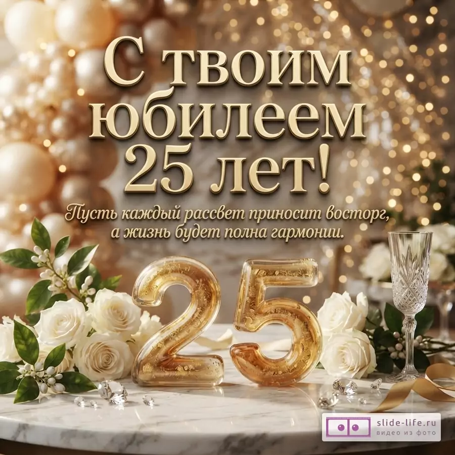 Открытка с золотыми шарами, цветами, бокалом и цифрами 25 на праздничном фоне с текстом «С твоим юбилеем 25 лет! Пусть каждый рассвет приносит восторг, а жизнь будет полна гармонии».