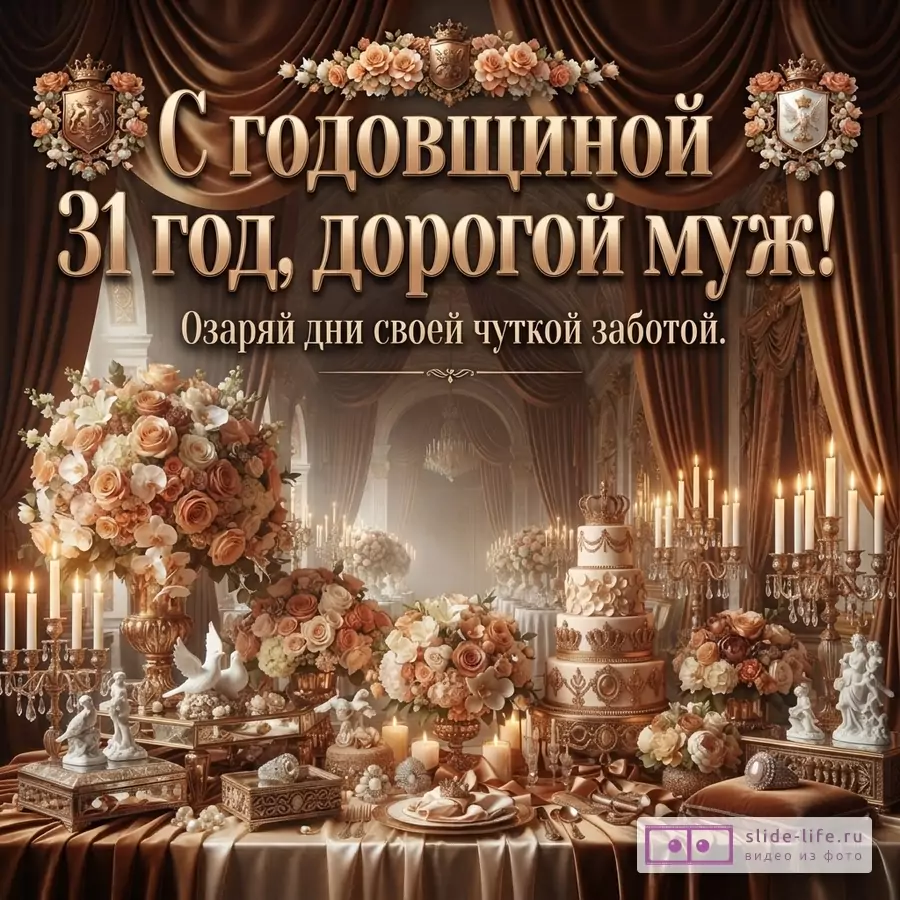 Текст «С годовщиной 31 год, дорогой муж! Озаряй дни своей чуткой заботой.» на фоне коричневых драпировок, цветов, свечей и свадебного декора в золотисто-бежевых тонах.