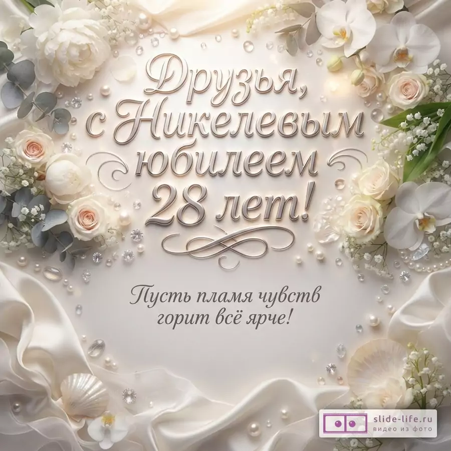 Белый фон, белые цветы, жемчуг, складки ткани. Текст: «Друзья, с Никелевым юбилеем 28 лет! Пусть пламя чувств горит всё ярче!»