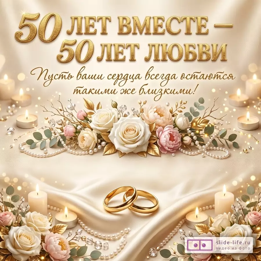 Бежево-золотой фон, свечи, розы, жемчуг и два золотых кольца. Текст «50 лет вместе — 50 лет любви». «Пусть ваши сердца всегда остаются такими же близкими!»
