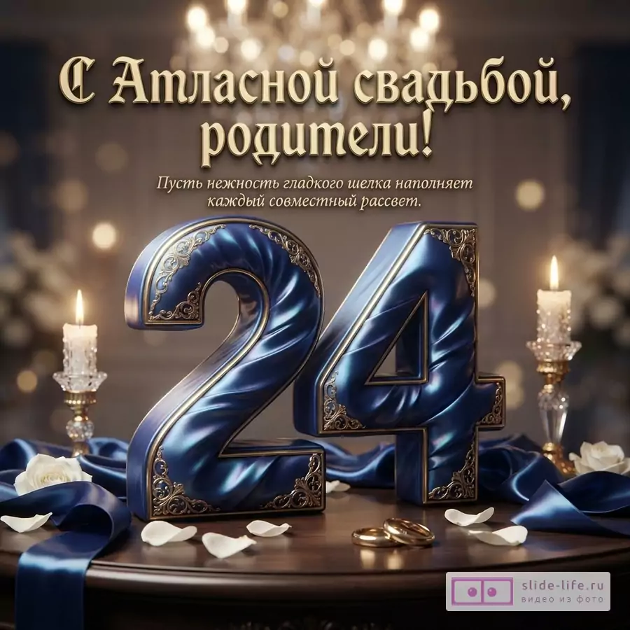 Объемная синяя цифра 24 с золотыми узорами на столе со свечами, кольцами и надписью: «С Атласной свадьбой, родители! Пусть нежность гладкого шелка наполняет каждый совместный рассвет.»