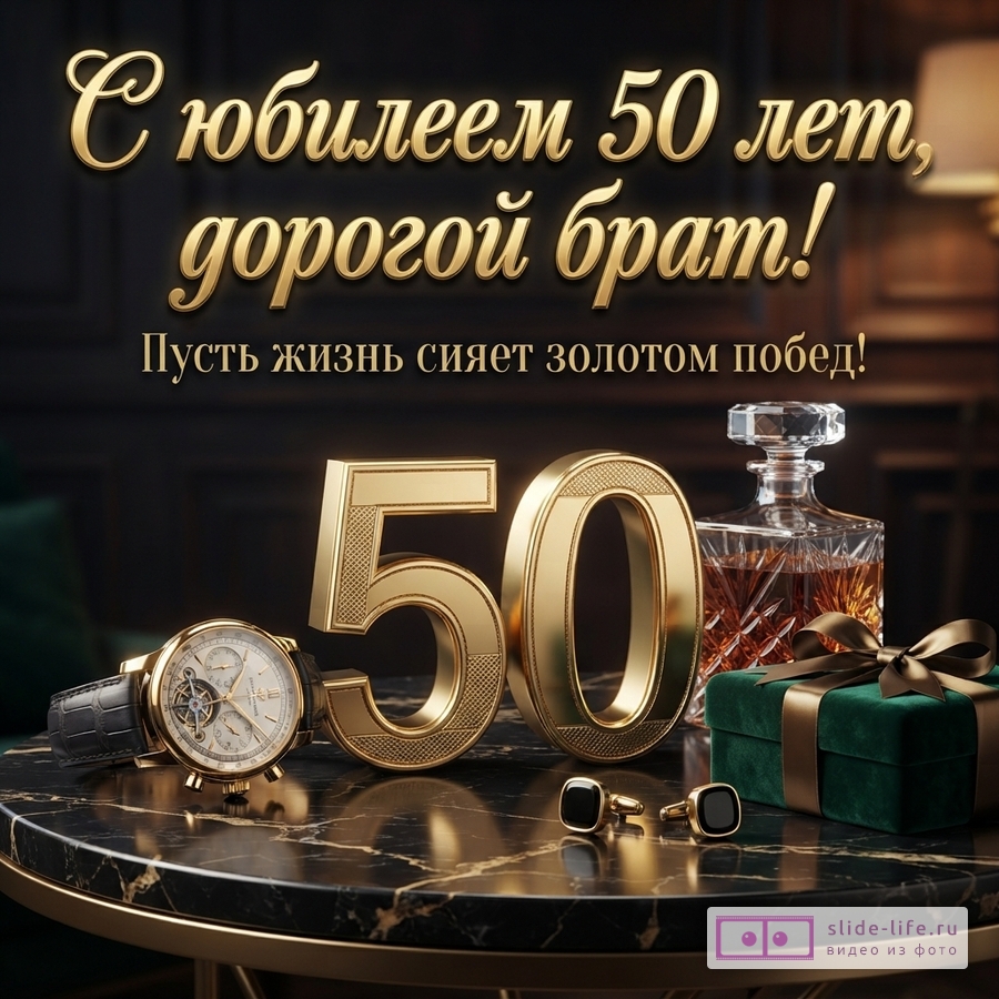 Темный фон, золотые буквы, золотые цифры 50, золотые часы, запонки, графин с виски, зеленая подарочная коробка. Текст: «С юбилеем 50 лет, дорогой брат! Пусть жизнь сияет золотом побед!»