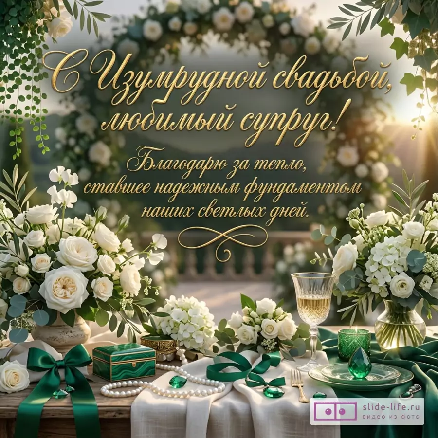 Открытка с белыми розами, зелеными листьями, изумрудными лентами, шкатулкой, жемчугом, бокалом, свечой, сервировкой, золотым текстом «С Изумрудной свадьбой, любимый супруг! Благодарю за тепло, ставшее надежным фундаментом наших светлых дней.»
