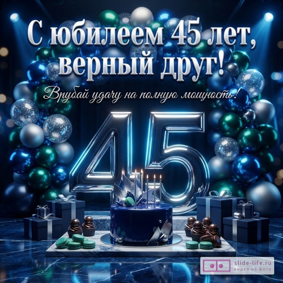Темно-синий фон, серебряные и сине-зеленые шары. Надпись «С юбилеем 45 лет, верный друг! Врубай удачу на полную мощность!». Большие серебряные цифры «45». Синий торт со свечами, подарки, пирожные и макаруны.