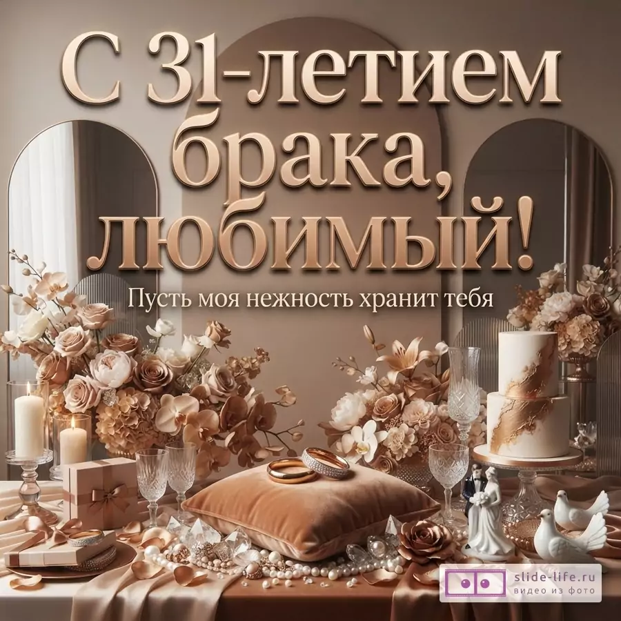Бежево-коричневая свадебная композиция с цветами, свечами, подарками, кольцами и декоративными элементами. Текст «С 31-летием брака, любимый! Пусть моя нежность хранит тебя.»
