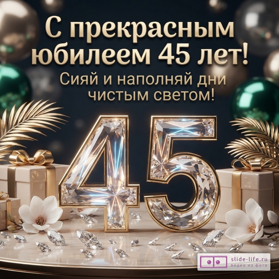 Темно-синий фон, золотые шары, зеленые шары, золотые листья, белые цветы, подарки. В центре крупные золотые цифры «45» с бриллиантами. Текст: «С прекрасным юбилеем 45 лет! Сияй и наполняй дни чистым светом!»