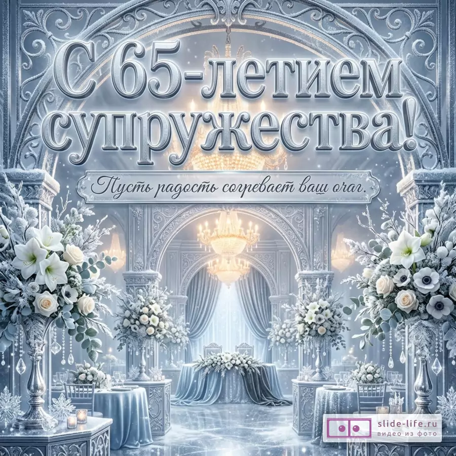 Серебристо-голубой интерьер зала с арками, люстрами, белыми цветочными композициями и текстом «С 65-летием супружества! Пусть радость согревает ваш очаг.»