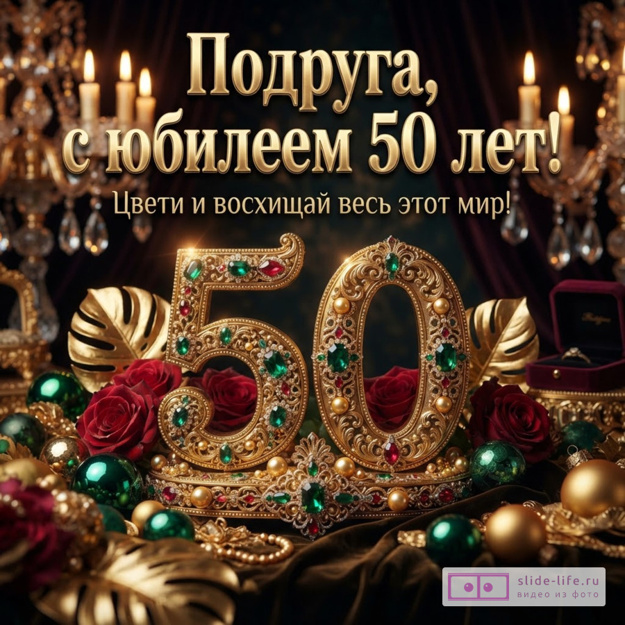 Открытка с золотыми цифрами «50» на фоне бордовых роз и зеленых шаров, бордовые шторы по бокам, текст «Подруга, с юбилеем 50 лет! Цвети и восхищай весь этот мир!»