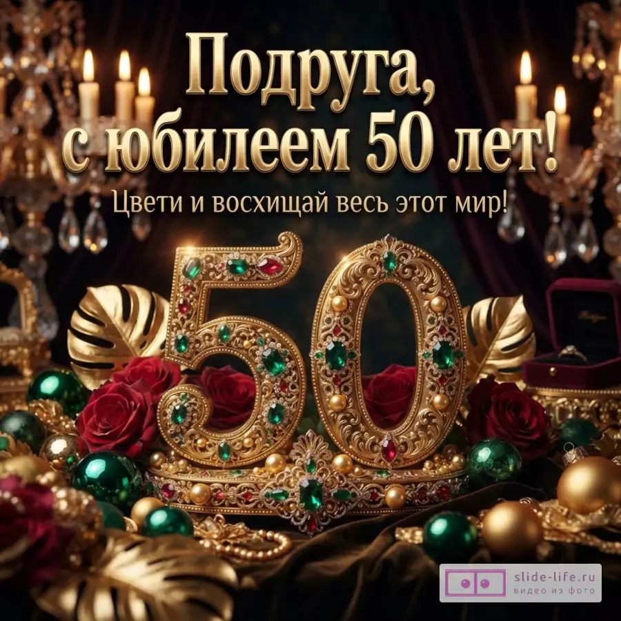 Открытка с золотыми цифрами «50» на фоне бордовых роз и зеленых шаров, бордовые шторы по бокам, текст «Подруга, с юбилеем 50 лет! Цвети и восхищай весь этот мир!»