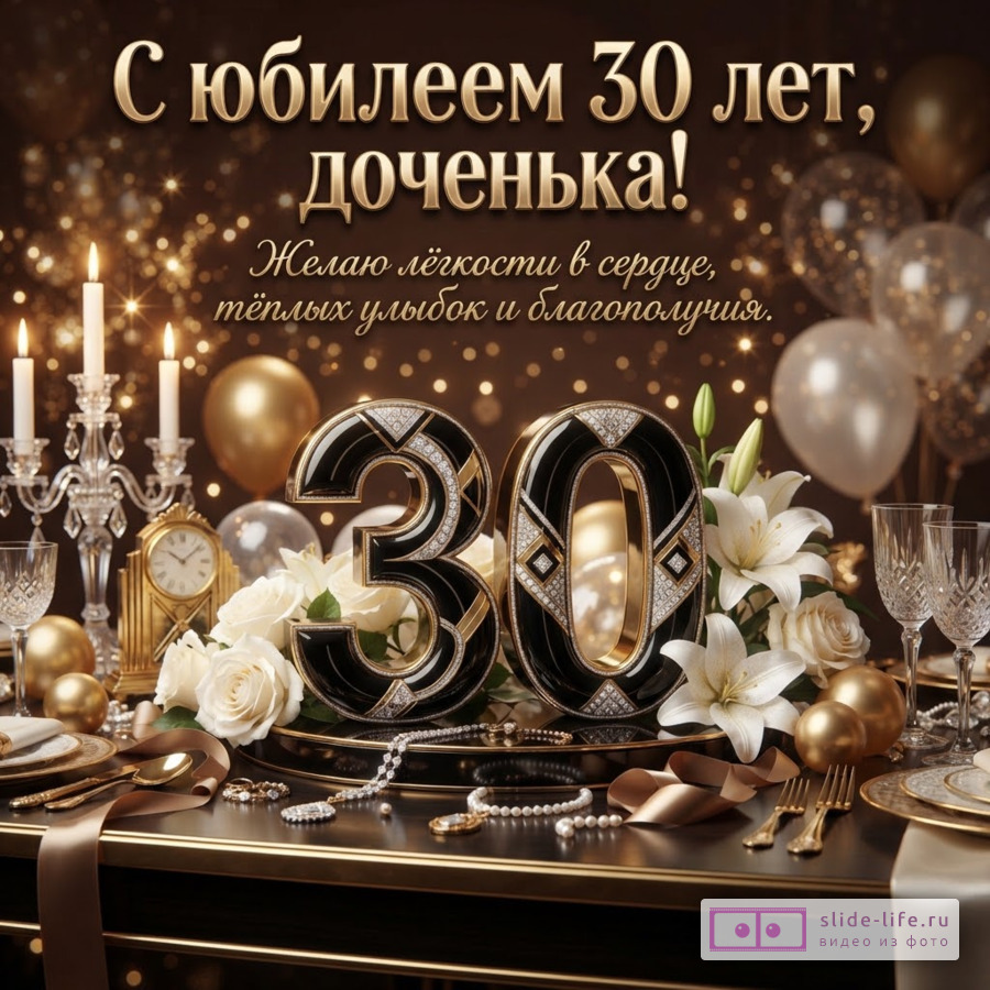 Большая черная цифра 30 с золотом и кристаллами на праздничном столе с белыми лилиями, розами и свечами. Текст: «С юбилеем 30 лет, доченька! Желаю лёгкости в сердце, тёплых улыбок и благополучия.»