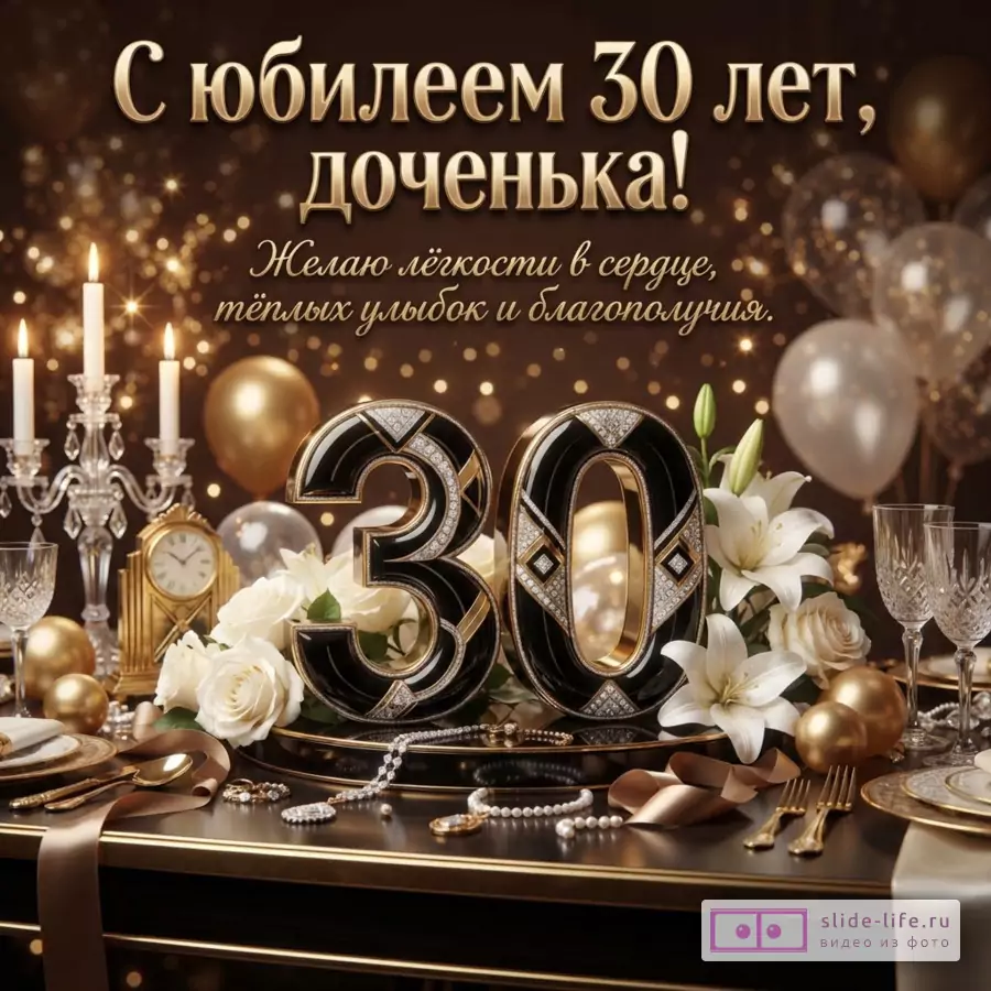 Большая черная цифра 30 с золотом и кристаллами на праздничном столе с белыми лилиями, розами и свечами. Текст: «С юбилеем 30 лет, доченька! Желаю лёгкости в сердце, тёплых улыбок и благополучия.»