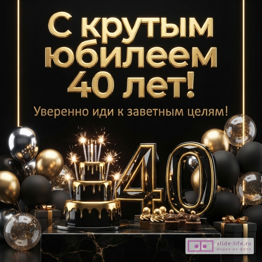 Открытка на черном фоне с золотыми буквами «С крутым юбилеем 40 лет!» и «Уверенно иди к заветным целям!». Внизу золотые цифры 40, черный торт с золотой глазурью и свечами-фейерверками, черные и золотые шары, подарки.