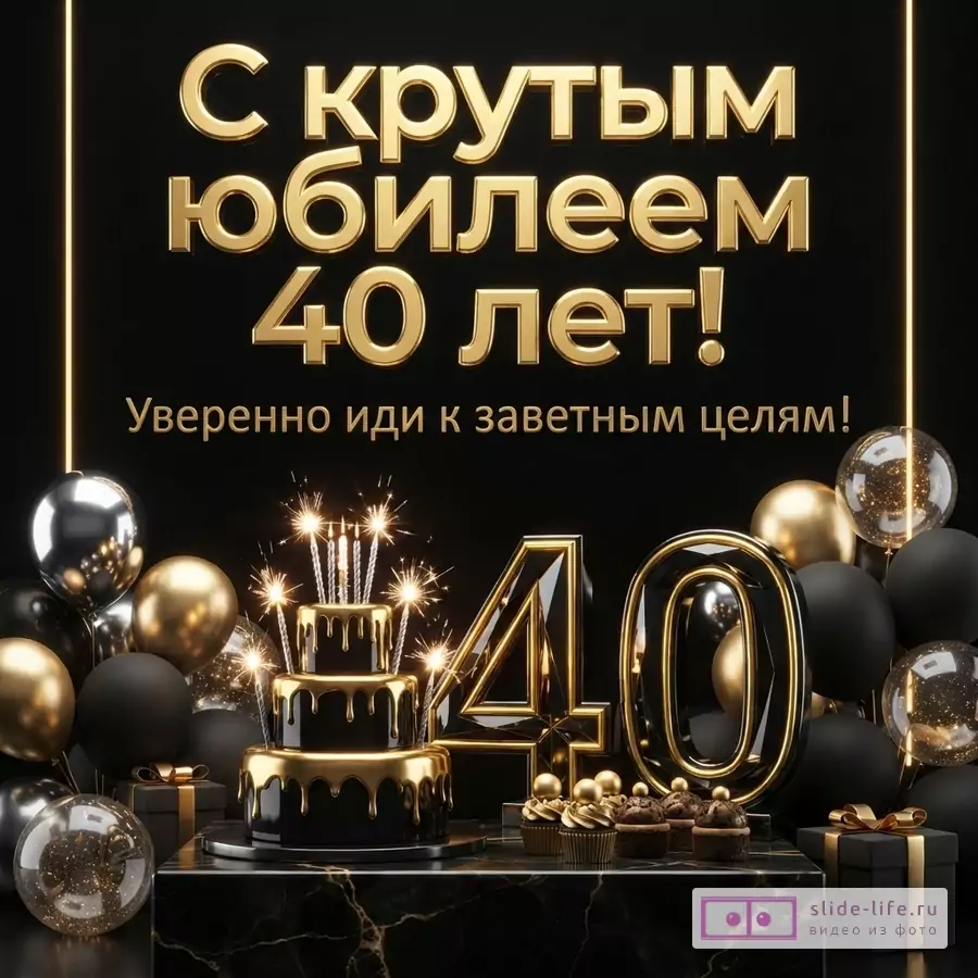 Открытка на черном фоне с золотыми буквами «С крутым юбилеем 40 лет!» и «Уверенно иди к заветным целям!». Внизу золотые цифры 40, черный торт с золотой глазурью и свечами-фейерверками, черные и золотые шары, подарки.