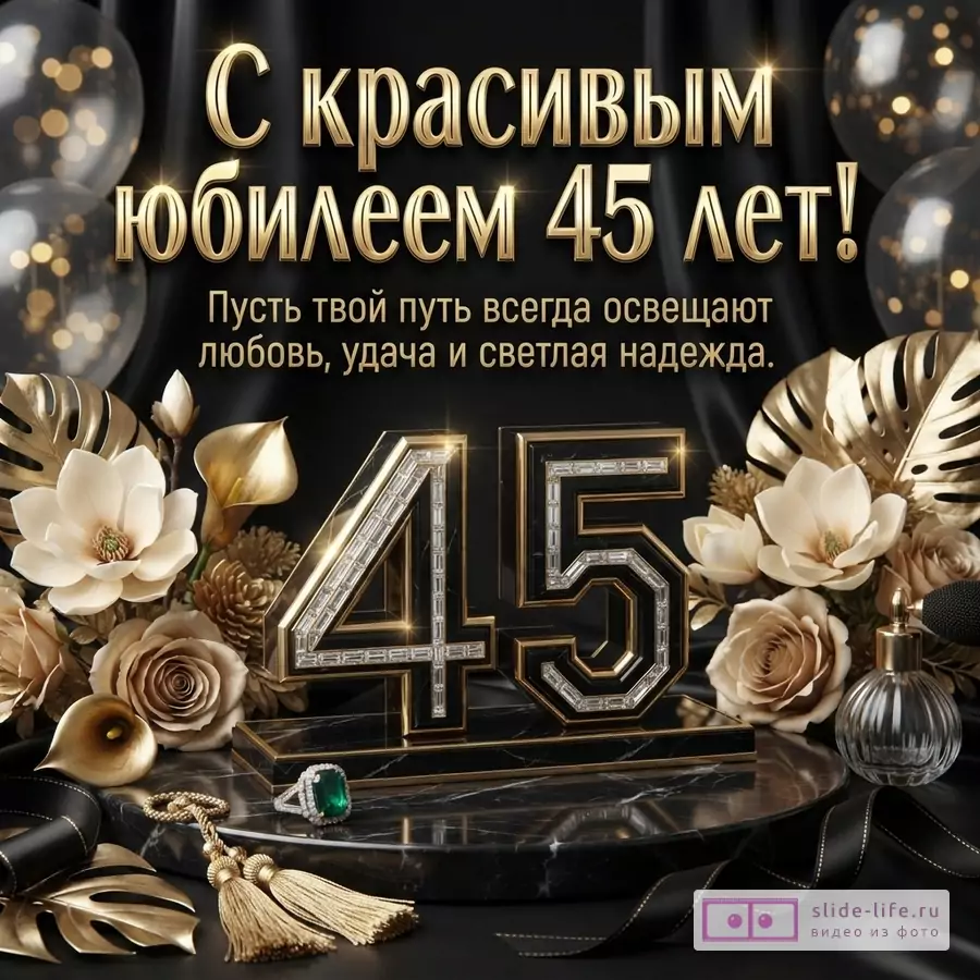 Открытка с черным фоном, золотыми буквами и элементами декора. В центре крупные цифры «45» с инкрустацией. Текст: «С красивым юбилеем 45 лет! Пусть твой путь всегда освещают любовь, удача и светлая надежда.»