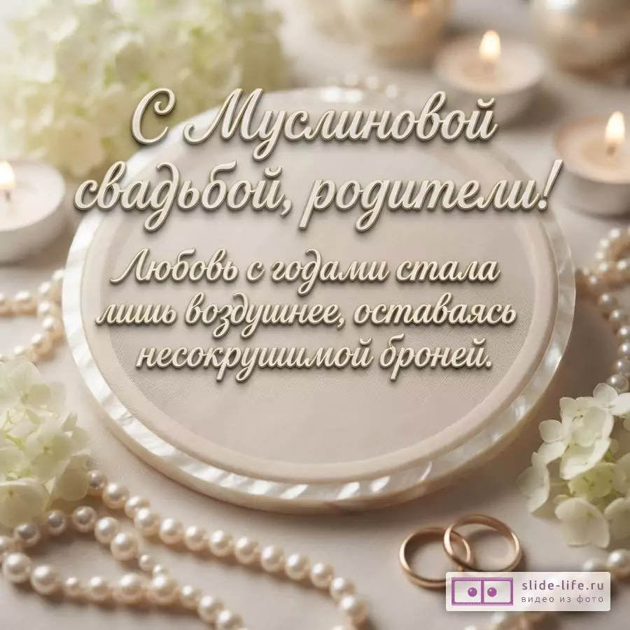 Бежевый фон, свечи, жемчужные бусы, белые цветы, обручальные кольца. Текст: «С Муслиновой свадьбой, родители! Любовь с годами стала лишь воздушнее, оставаясь несокрушимой броней.»