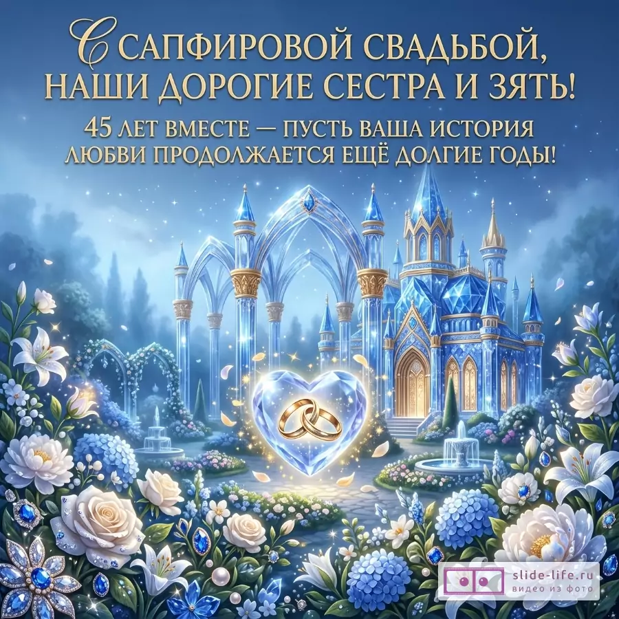 Синий сказочный фон с замком, сердцем с кольцами и цветами. Текст: «С сапфировой свадьбой, наши дорогие сестра и зять! 45 лет вместе — пусть ваша история любви продолжается ещё долгие годы!»