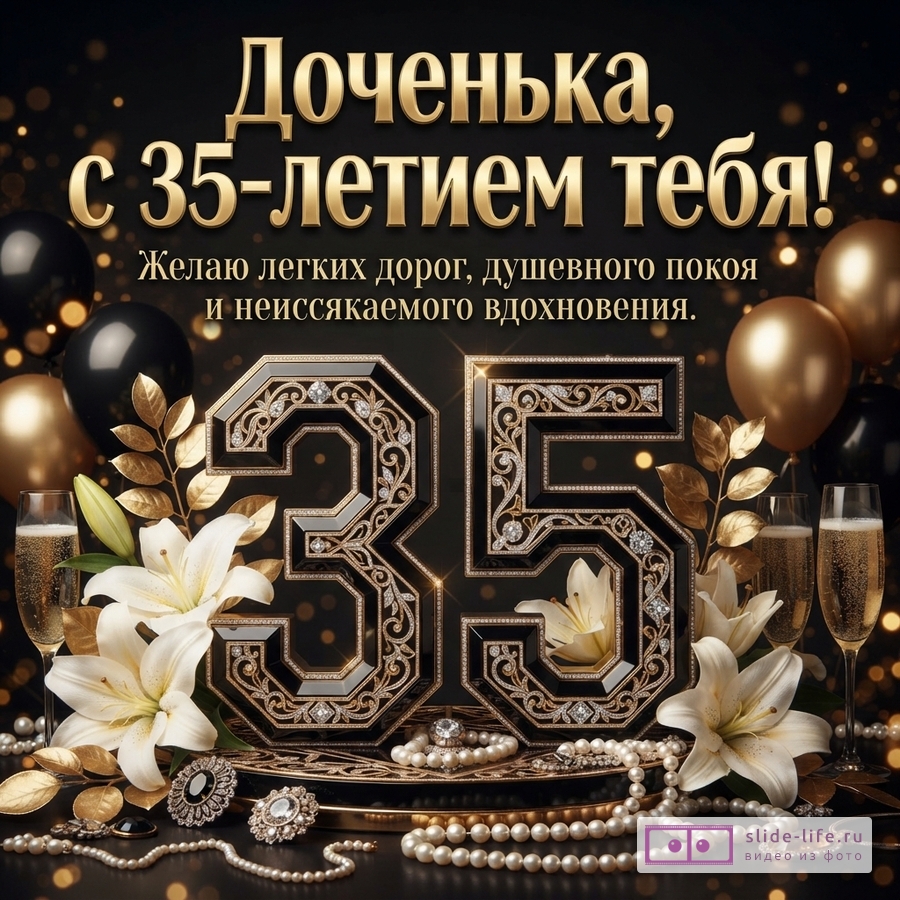 Объемная цифра 35 с узорами в окружении белых лилий, жемчуга, бокалов шампанского и шаров с надписью «Доченька, с 35-летием тебя! Желаю легких дорог, душевного покоя и неиссякаемого вдохновения.»