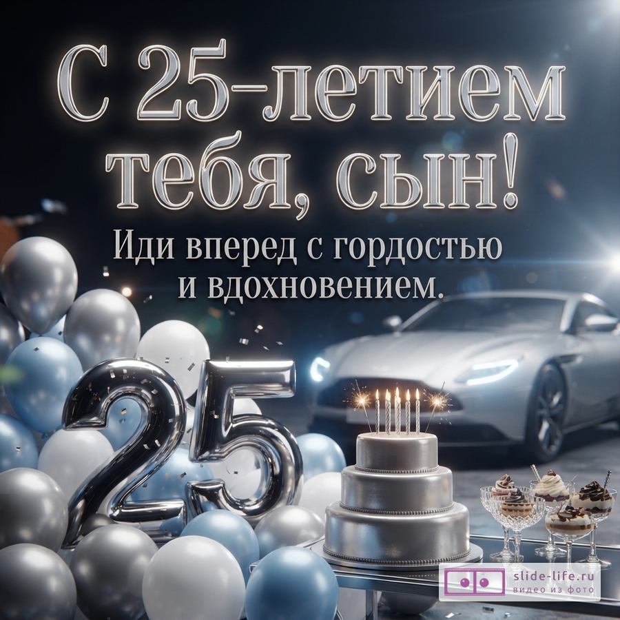 Серый спортивный автомобиль, серебристый торт со свечами, шары и цифра 25 с текстом «С 25-летием тебя, сын! Иди вперед с гордостью и вдохновением.»